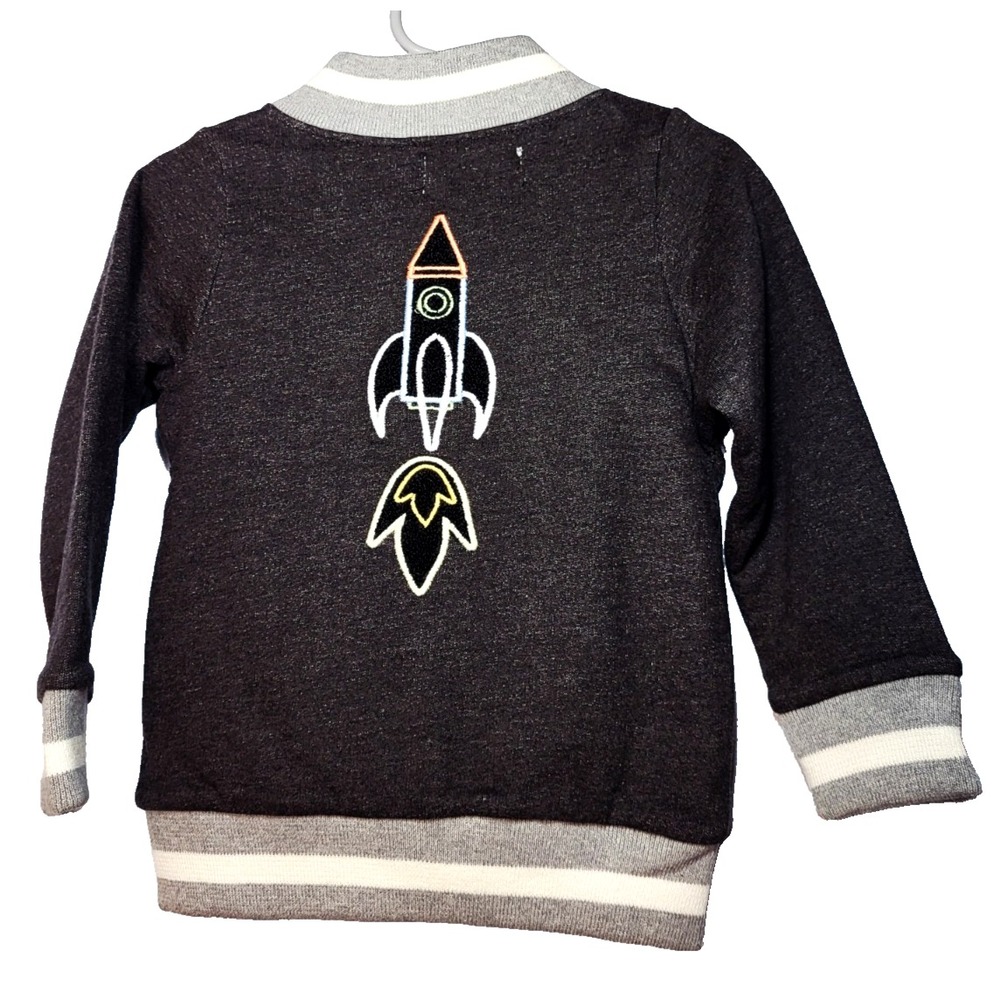 NWOT‎ Monica & Andy Cotton Black Bomber Jacket Embroidered Rocket Zip Front   2T